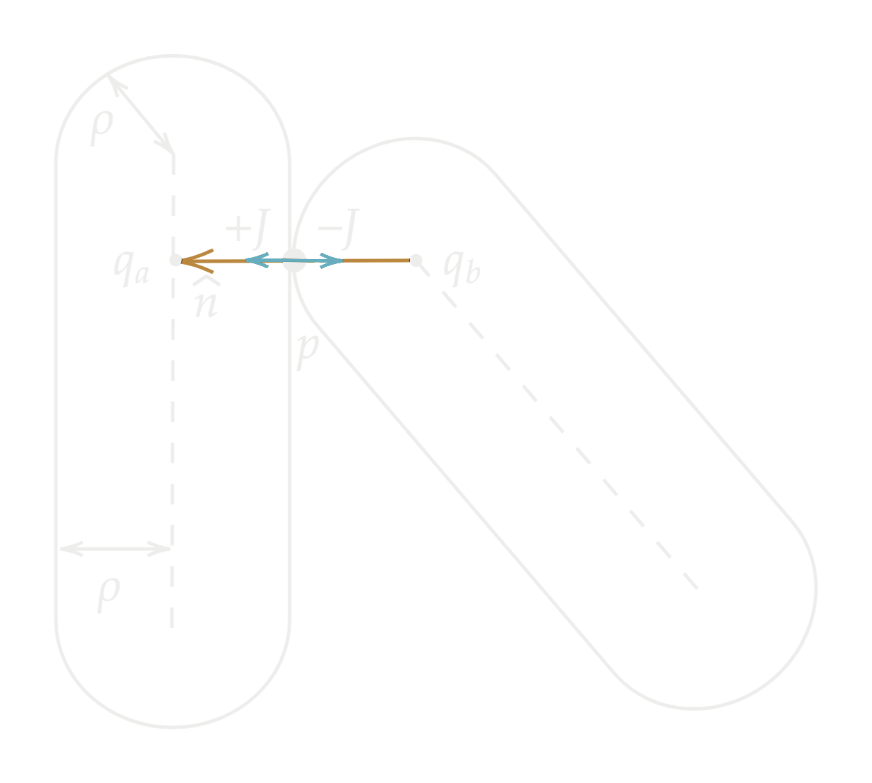 Two capsule hulls touching: closest points q_a and q_b on the centerlines, contact point p, contact normal n-hat, equal and opposite impulses +J and -J, capsule radius rho